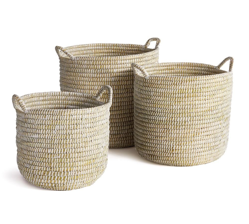 Dahlia White Rivergrass Baskets With Handles, Set of 3 - Image 0