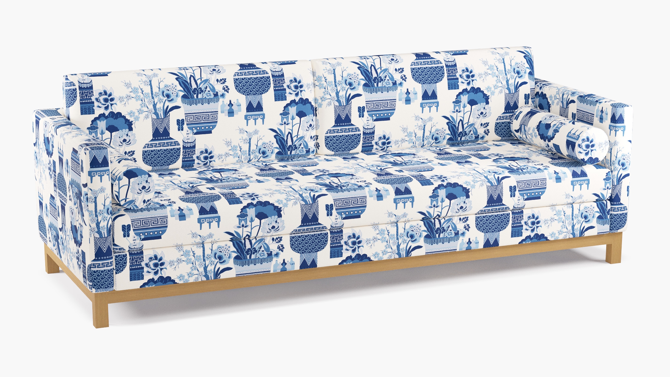 Tailored Tuxedo Sofa, Delft Kan-Shie, Natural Wood Rail - Image 1