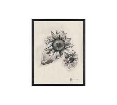 Charcoal Sunflower Sketch, Double Bloom, 16" x 20" Wood Gallery, Black, No Mat - Image 0