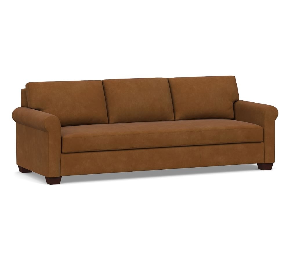 York Roll Arm Leather Grand Sofa 98" with Bench Cushion, Polyester Wrapped Cushions, Nubuck Caramel - Image 0