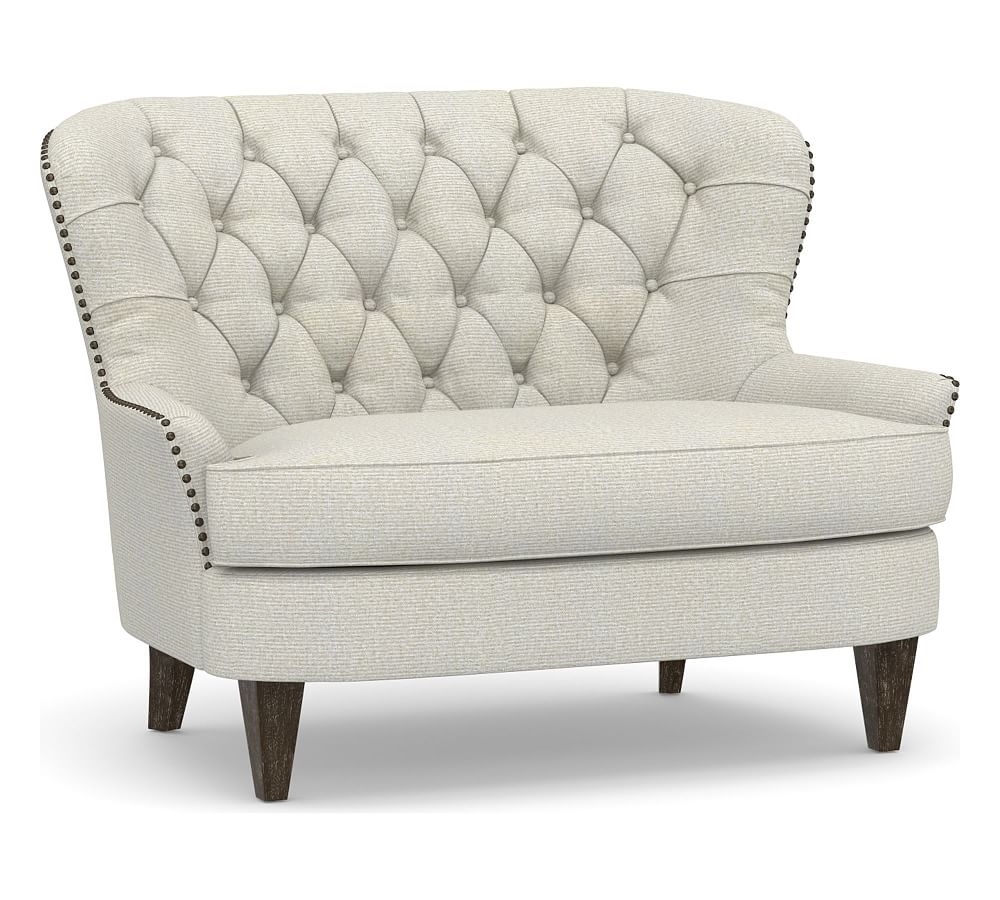 Cardiff Upholstered Settee, Polyester Wrapped Cushions, Performance Heathered Basketweave Dove - Image 0