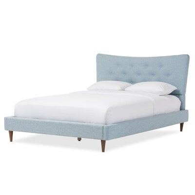 Mid-Century Modern Sky Blue Fabric Queen Size Platform Bed - Image 0