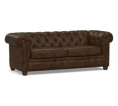 Chesterfield Roll Arm Leather Apartment Sofa 65", Polyester Wrapped Cushions, Churchfield Camel - Image 4