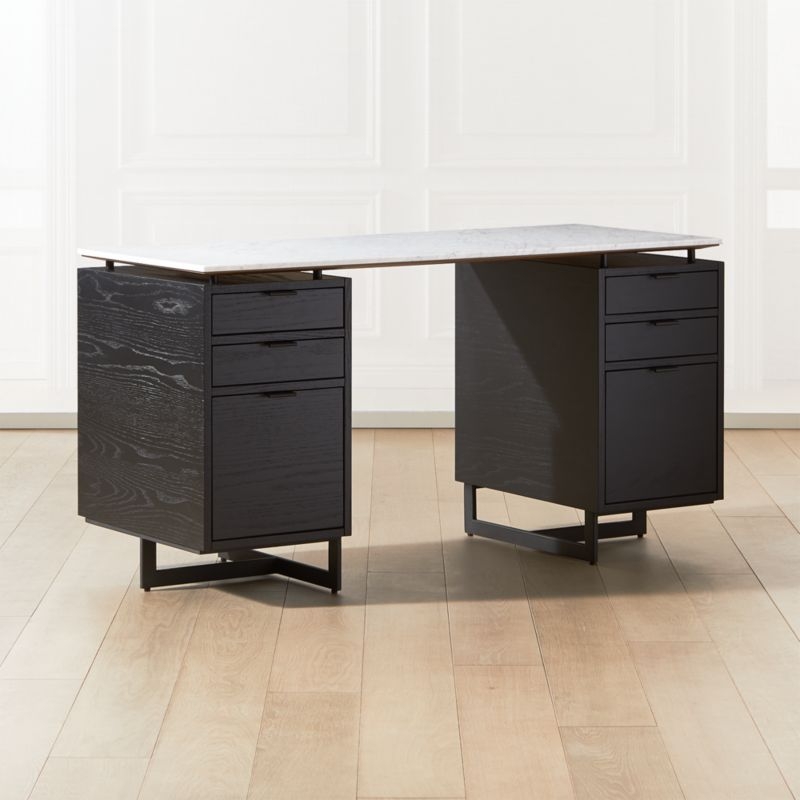 Fullerton 6-Drawer Black Oak Wood Desk with White Marble Top - Image 1