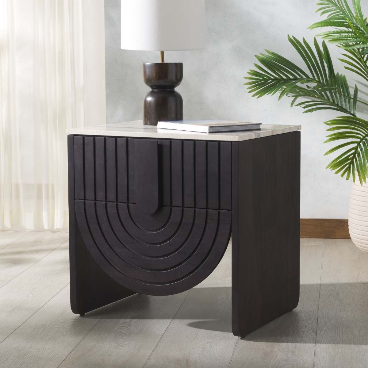 Floris Travertine Nightstand - Travertine/Black - Image 1