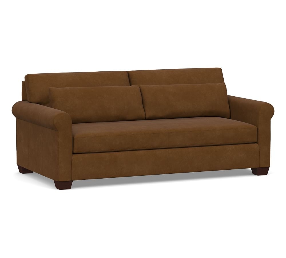 York Deep Seat Roll Arm Leather Sofa 83" with Bench Cushion, Polyester Wrapped Cushions, Aviator Umber - Image 0