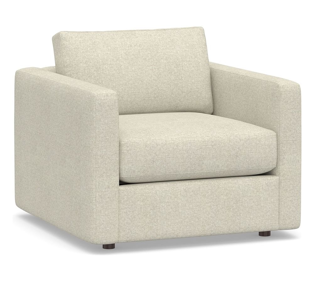 Carmel Slim Square Arm Upholstered Armchair, Down Blend Wrapped Cushions, Performance Heathered Basketweave Alabaster White - Image 0