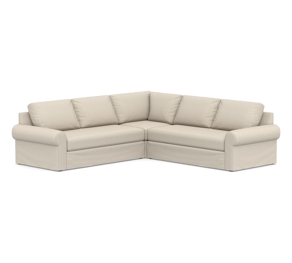 Big Sur Roll Arm Slipcovered 3-Piece L-Shaped Corner Sectional with Bench Cushion, Down Blend Wrapped Cushions, Textured Twill Khaki - Image 0