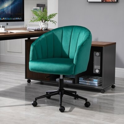 Retro Upholstered Height-Adjustable Swivel Mid-Back Chair With Steel Base And Wheels, Emerald Green - Image 0