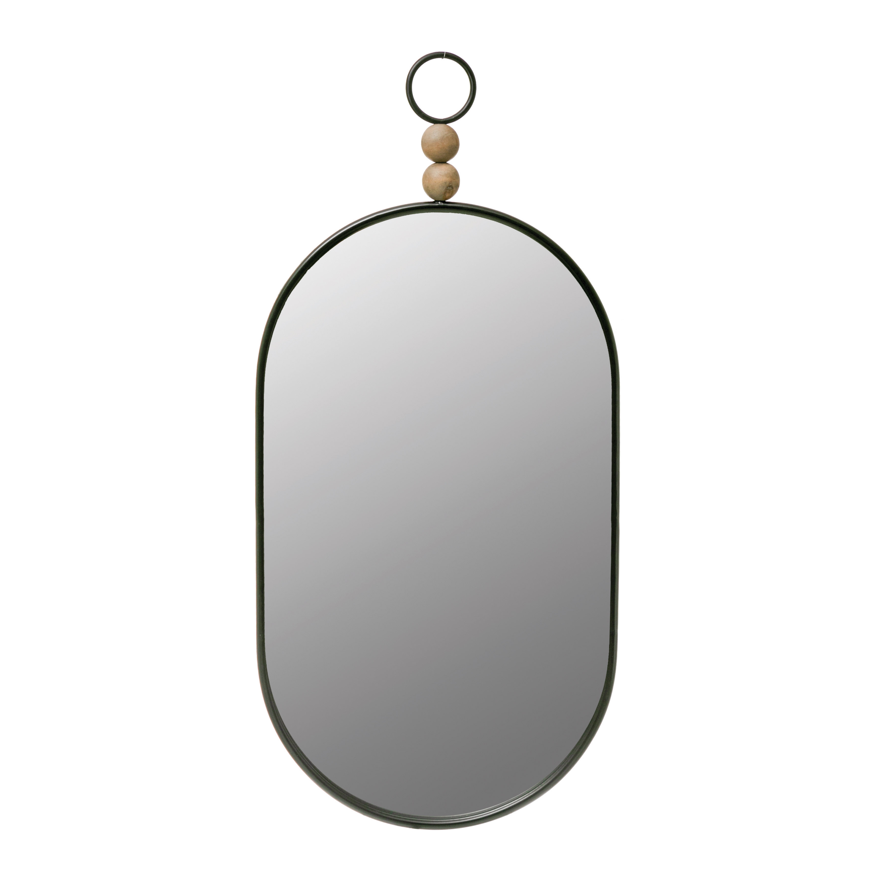 Oval Metal Framed Wall Mirror with Wood Beads, Black - Image 0