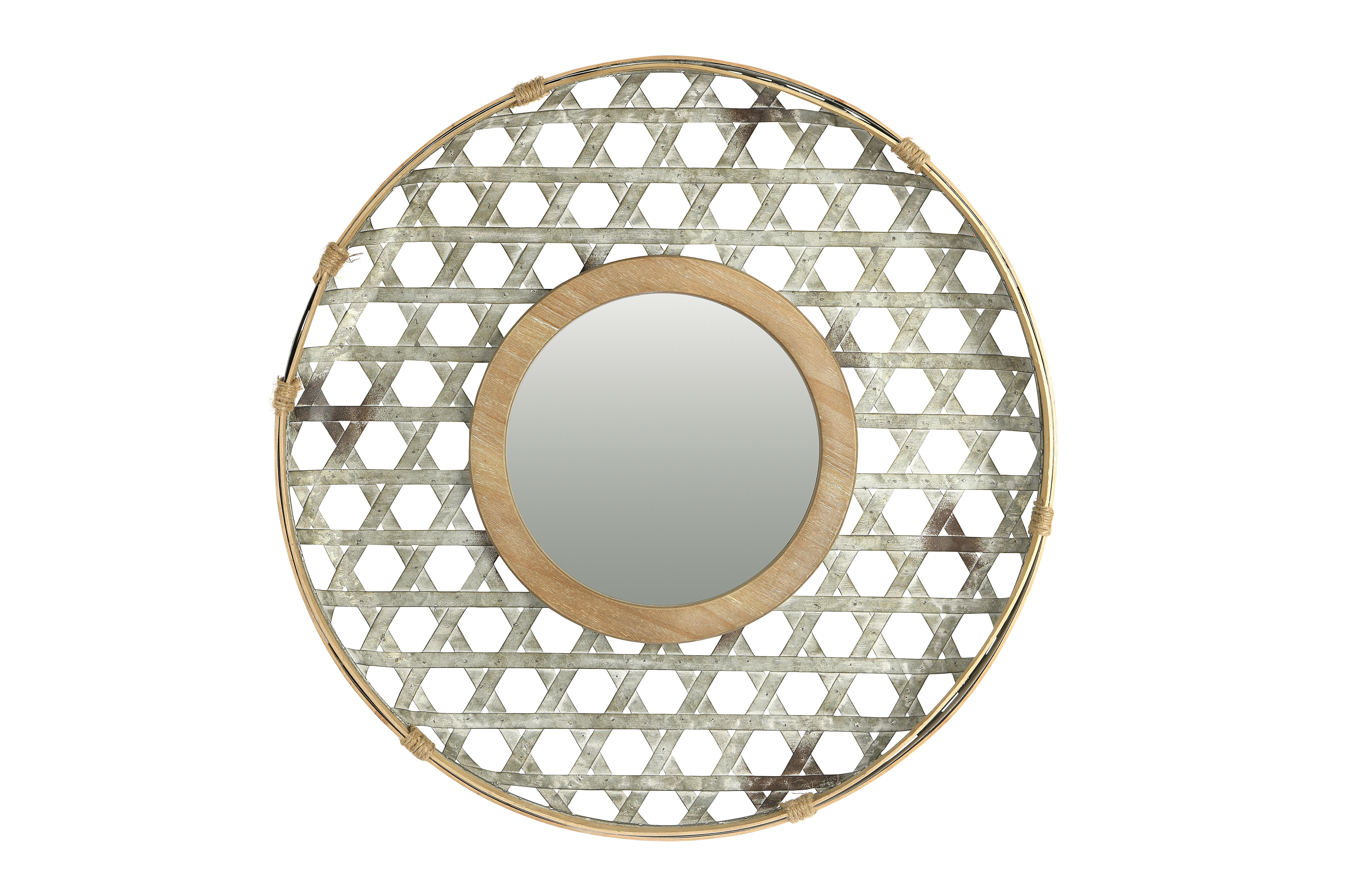 Round 2 Tone Lattice Metal Framed Wall Mirror, Wood and Galvanized Finish - Image 0