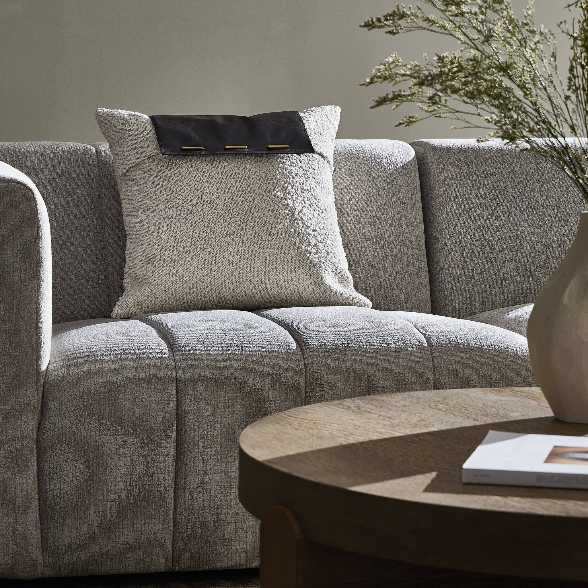 Boucle and Leather Pillow - Knoll Natural - Image 4