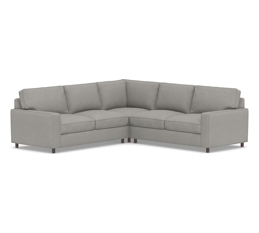 PB Comfort Square Arm Upholstered 3-Piece L-Shaped Corner Sectional, Box Edge, Down Blend Wrapped Cushions, Performance Heathered Basketweave Platinum - Image 0