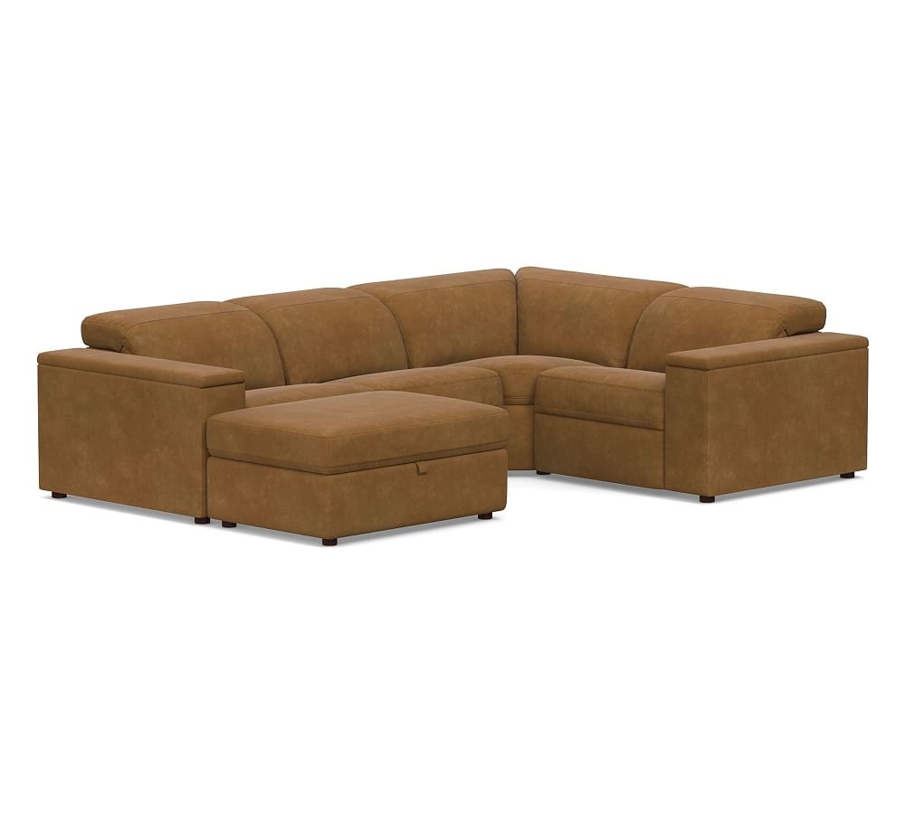 Ultra Lounge Square Arm Leather 5-Piece Reclining Sectional, Down Blend Wrapped Cushions, Nubuck Camel - Image 0