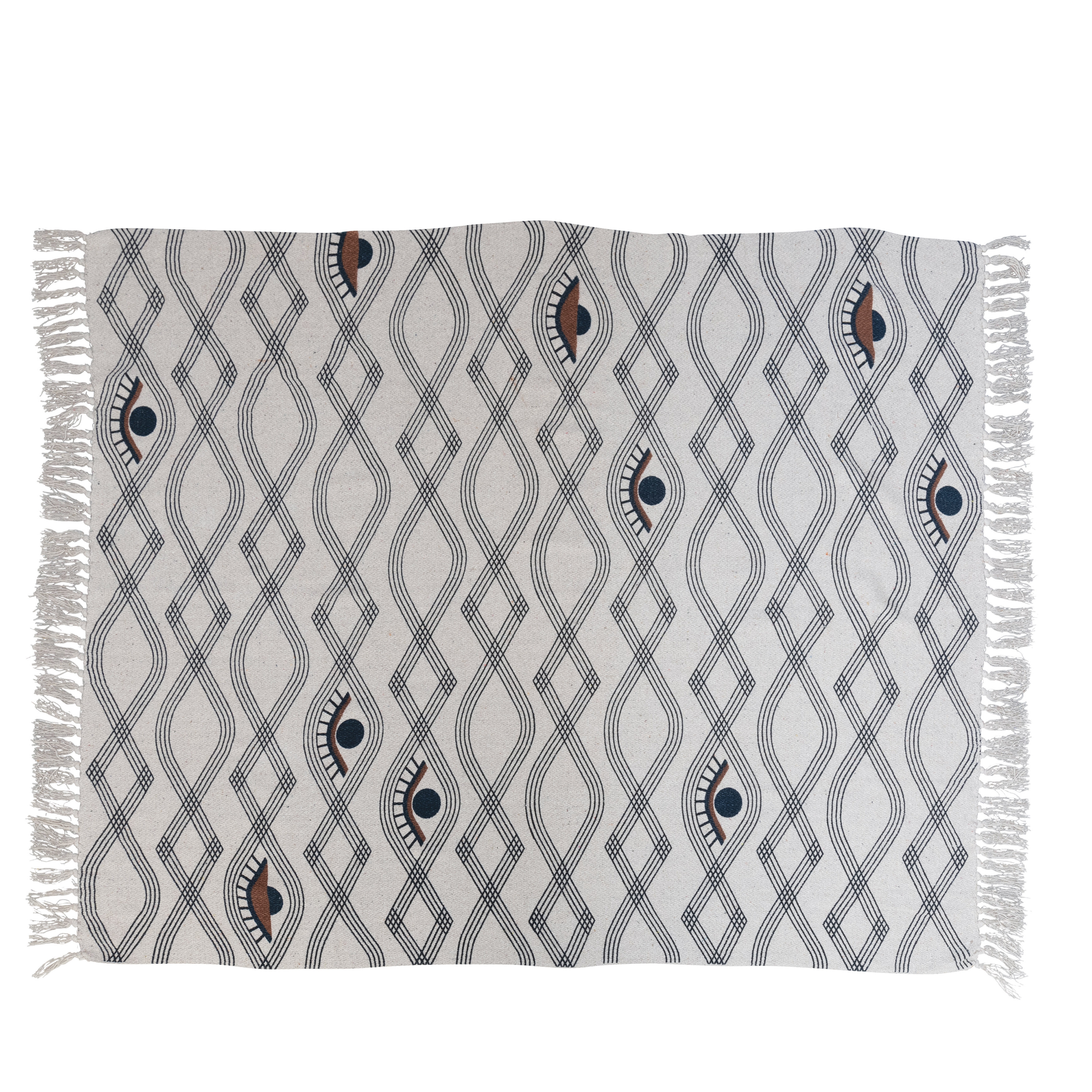  Recycled Cotton Blend Printed Throw Blanket with Eye Pattern and Fringe, Cream and Brown - Image 0