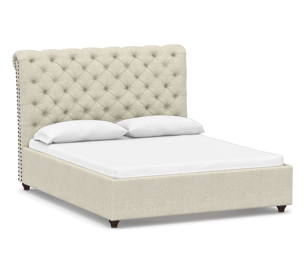 Chesterfield Tufted Upholstered Bed, Full, Performance Heathered Basketweave Alabaster White - Image 0