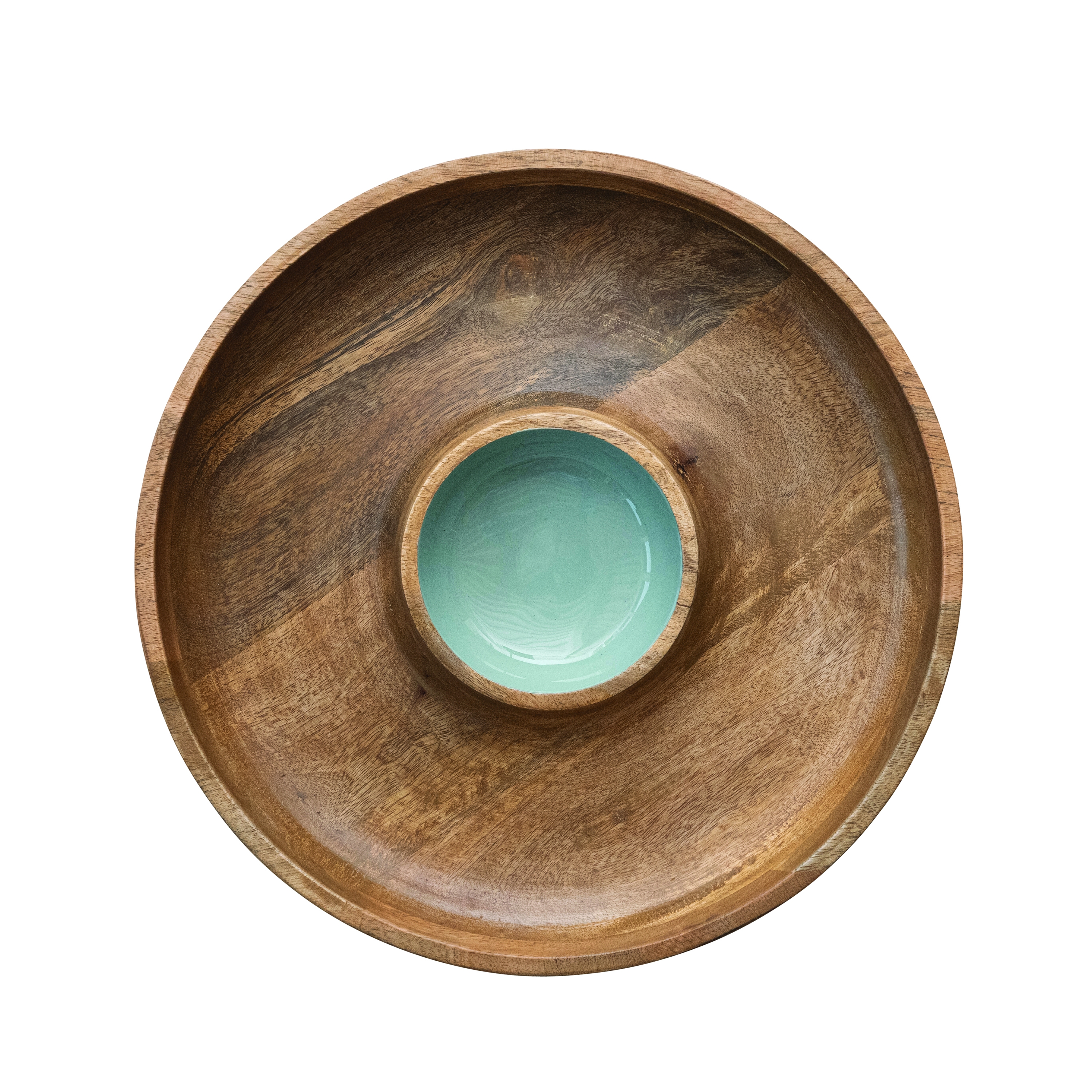 13.75 Inches Round Mango Wood Lazy Susan Server with 2 Sections and Enameled Center, Natural and Blue - Image 0