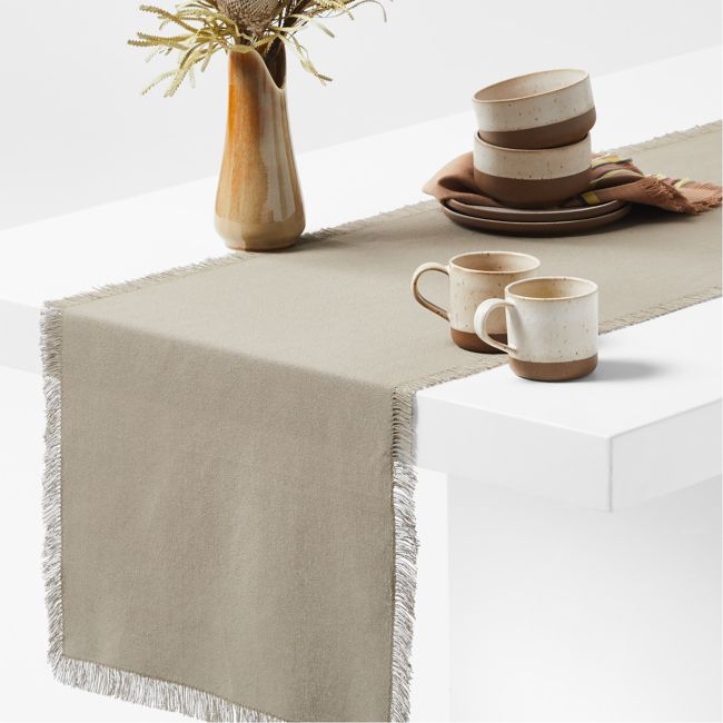 Craft 120" Sage Green Organic Cotton Fringe Table Runner - Image 0