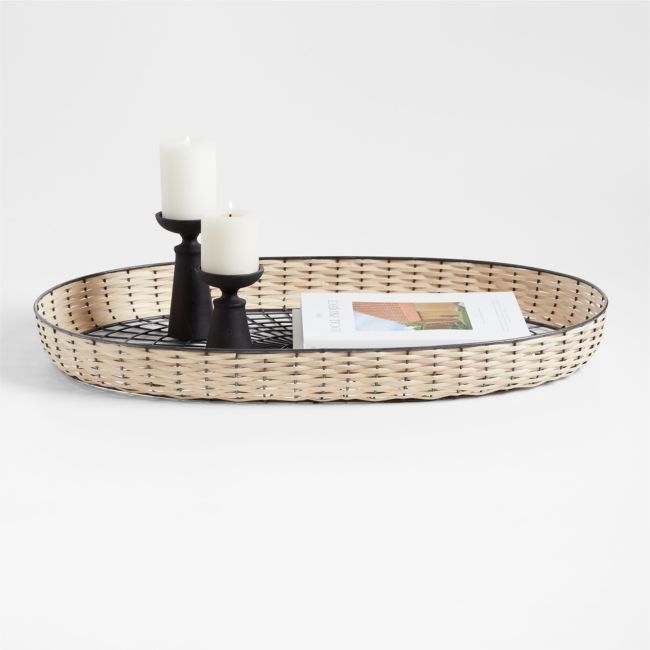 Toma Oval Black and Off White Rattan and Metal Decorative Tray 30" - Image 0