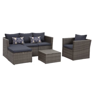 Red Barrel Studio® Brisk 6 Piece All Weather Wicker Sofa Seating Group With Cushions, Ottoman With Storage And Coffee Table - Navy - Image 0