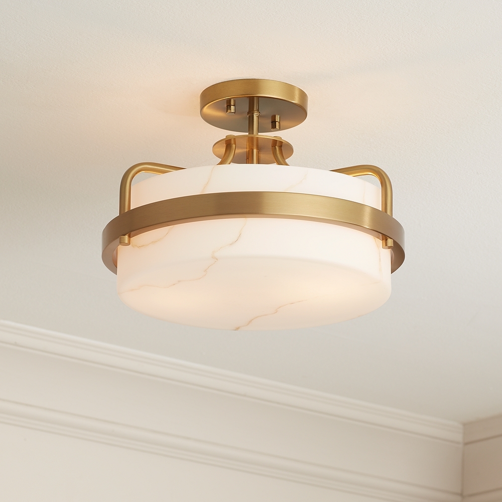 Possini Euro Bregman 13"W Brass Ceiling Light w/ Stone Glass - Image 0
