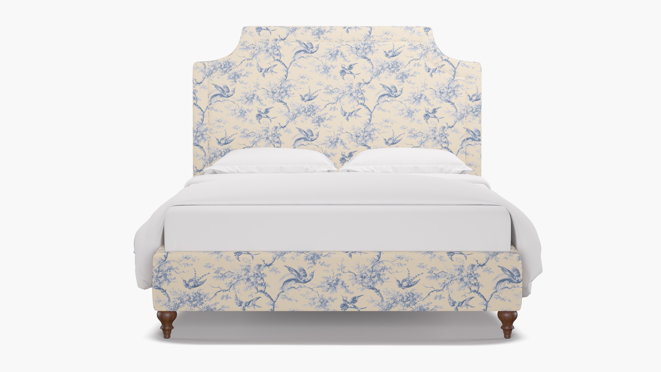 Deco Bed, Blue Swallows, Walnut Traditional Turned Leg, King - Image 0