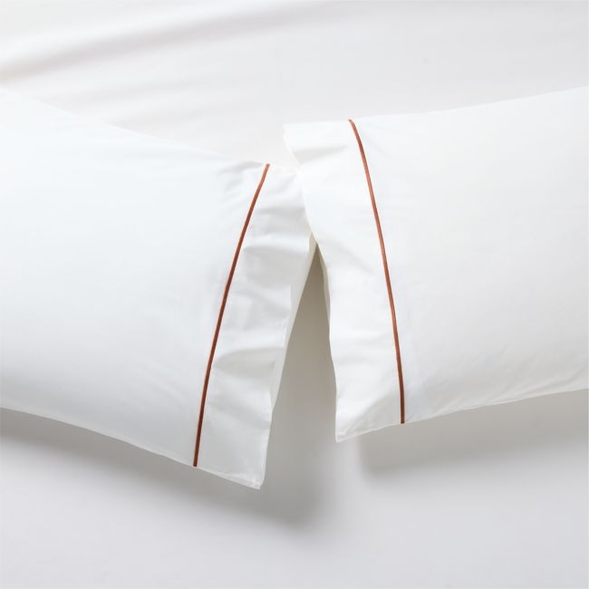Marisal Organic Cotton Percale 400 Thread Count White and Sienna Brown King Pillowcases Set of 2 - Image 0