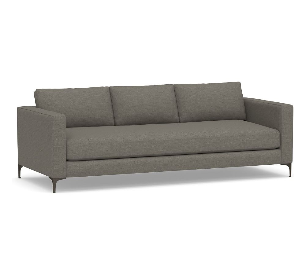 Jake Upholstered Grand Sofa 96" with Bronze Legs, Polyester Wrapped Cushions, Chunky Basketweave Metal - Image 0