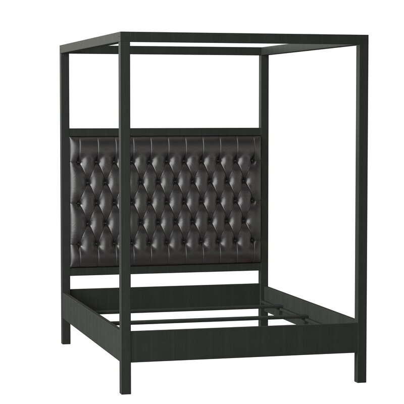 Kristin Drohan Collection Gates Tufted Solid Wood and Upholstered Canopy Bed Body Fabric: Greenguard Faux Leather Black, Frame Color: Black, Size: Queen - Image 0