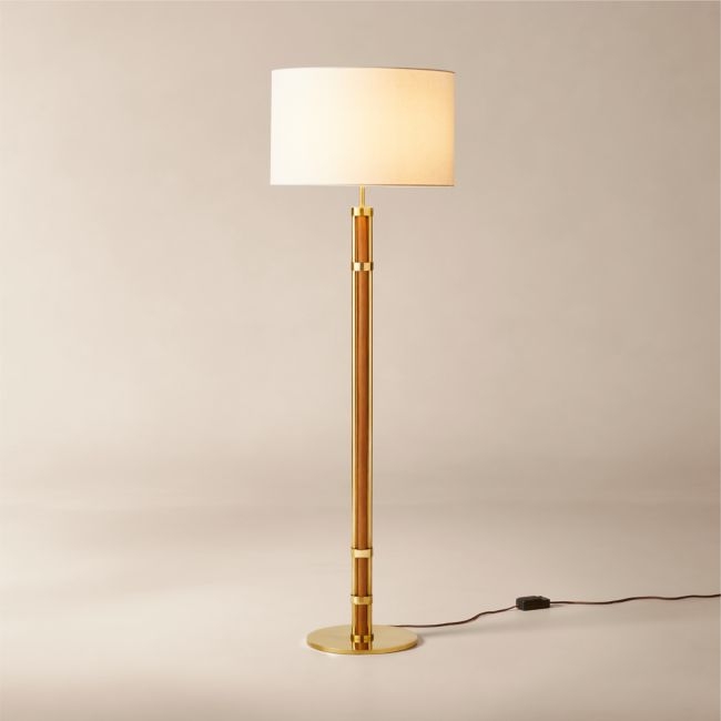 Delaney Rattan And Unlacquered Brass Floor Lamp with Linen Shade - Image 0