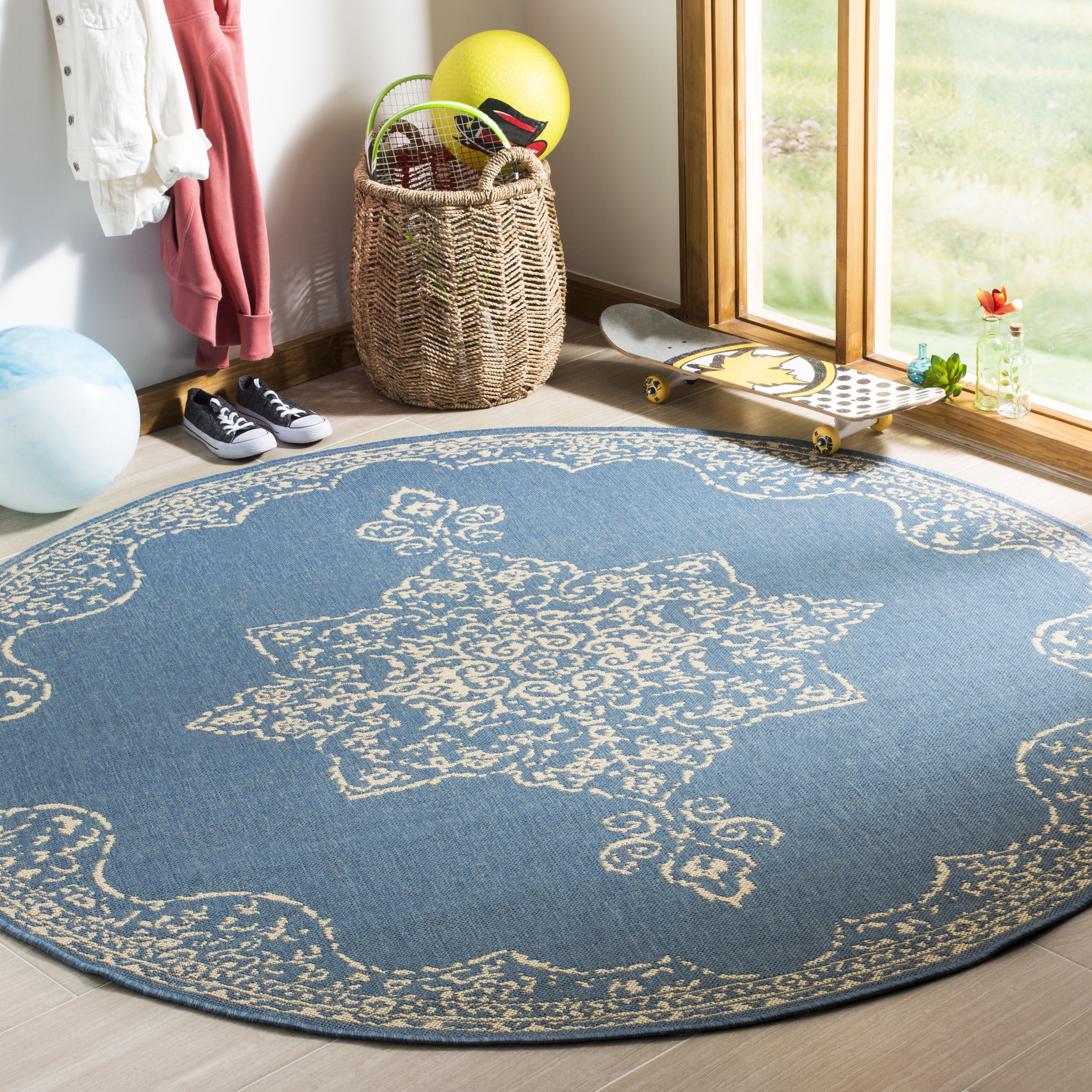 Arlo Home Indoor/Outdoor Woven Area Rug, LND180N, Cream/Blue,  6' 7" X 6' 7" Round - Image 1
