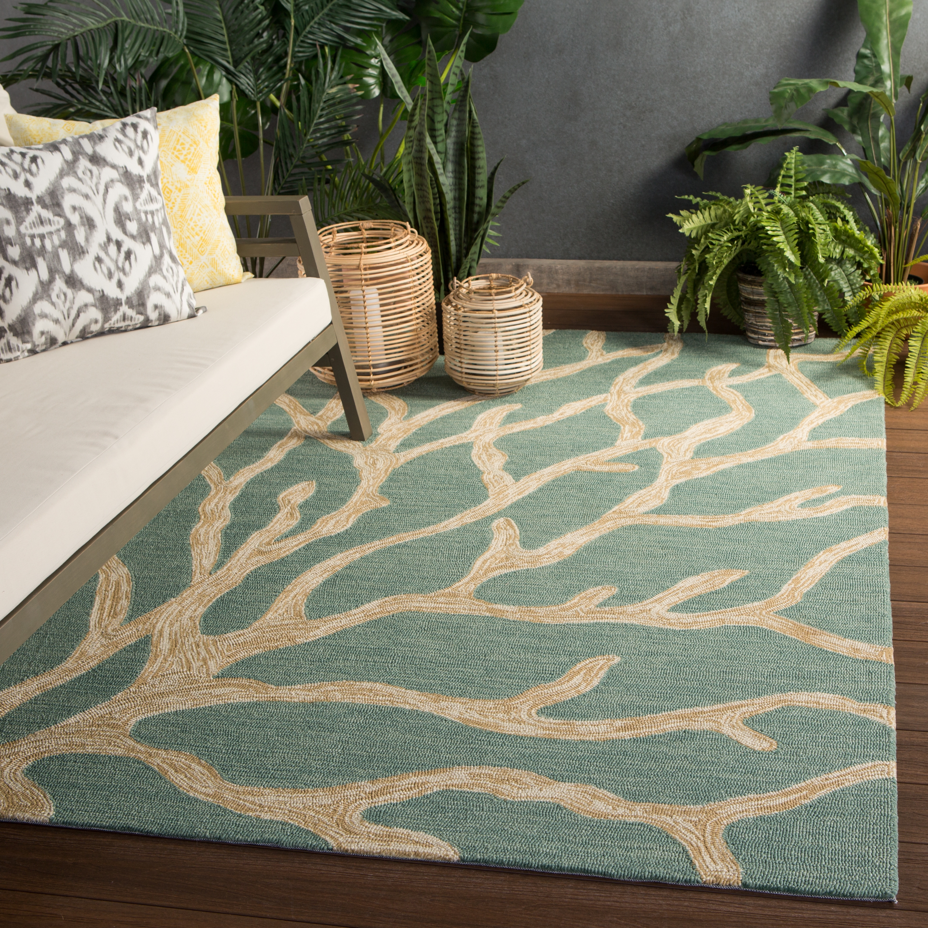 Coral Indoor/ Outdoor Abstract Teal/ Tan Area Rug (9' X 12') - Image 4