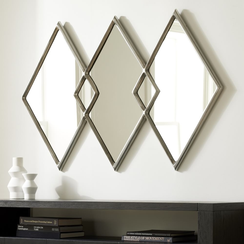 Overlapping Diamonds Metal Wall Mirror, Brushed Nickel, 54"Wx36"H - Image 0