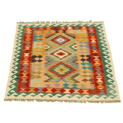 One-of-a-Kind Hand-Knotted New Age 3'4" x 4'9" Wool Area Rug in Cream/Red/Green - Image 0