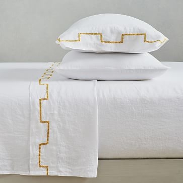 Belgian Linen Ladder Stripe Embroidery Sheet Set, Queen, Slate Melange + White - Image 3