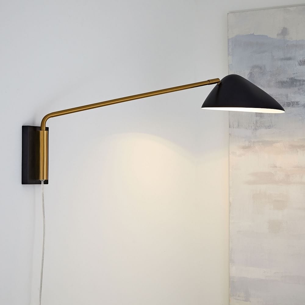 New Curvilinear Mid-Century Sconce, Long Arm, Black + Brass, Individual - Image 0