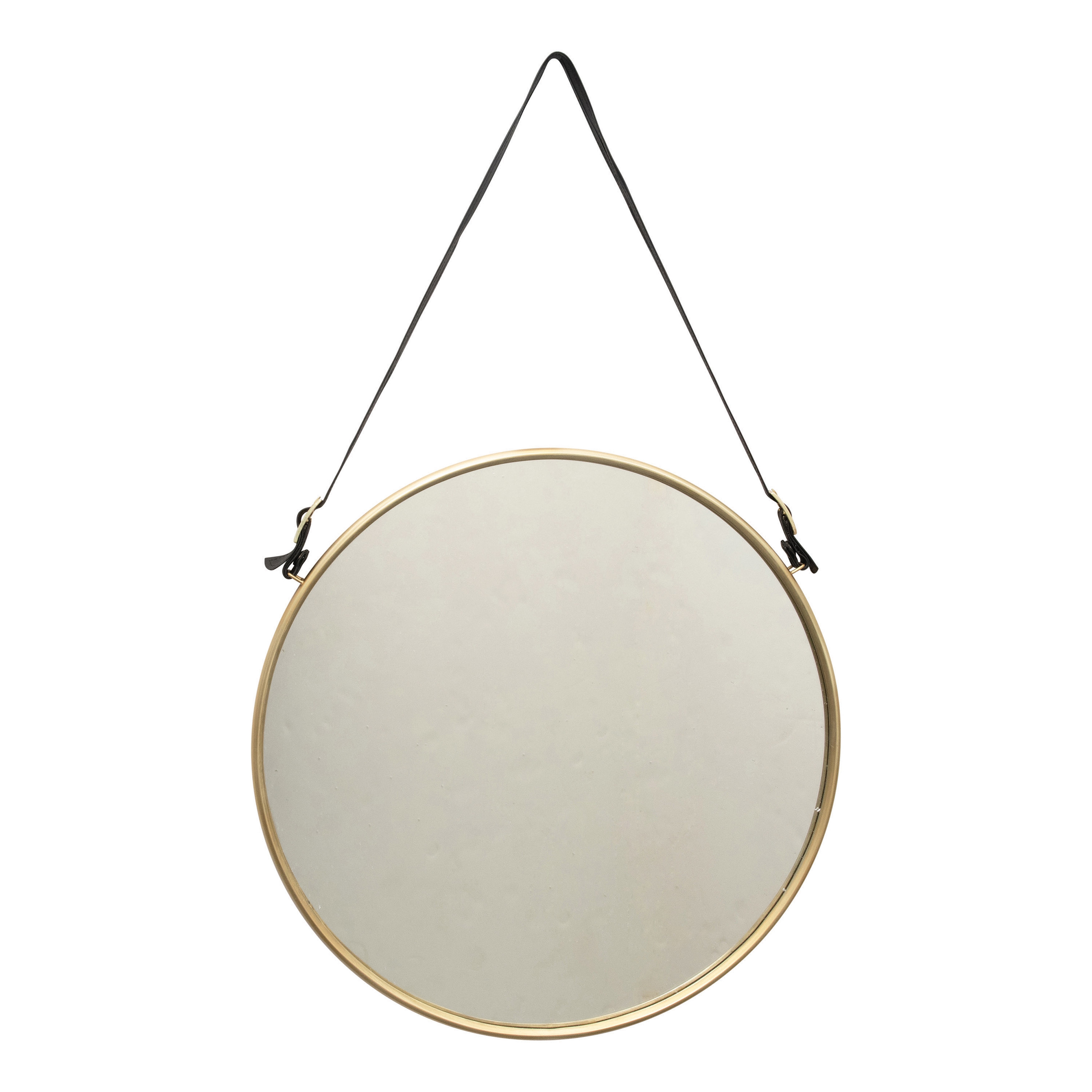 Round Metal & MDF Hanging Wall Mirror with Buckle Strap, Brushed Brass Finish - Image 0