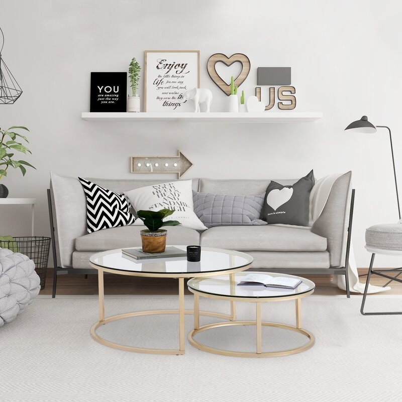 Nesting Coffee Table Modern Round Living Room Table, Clear & Gold, Set of 2 - Image 1