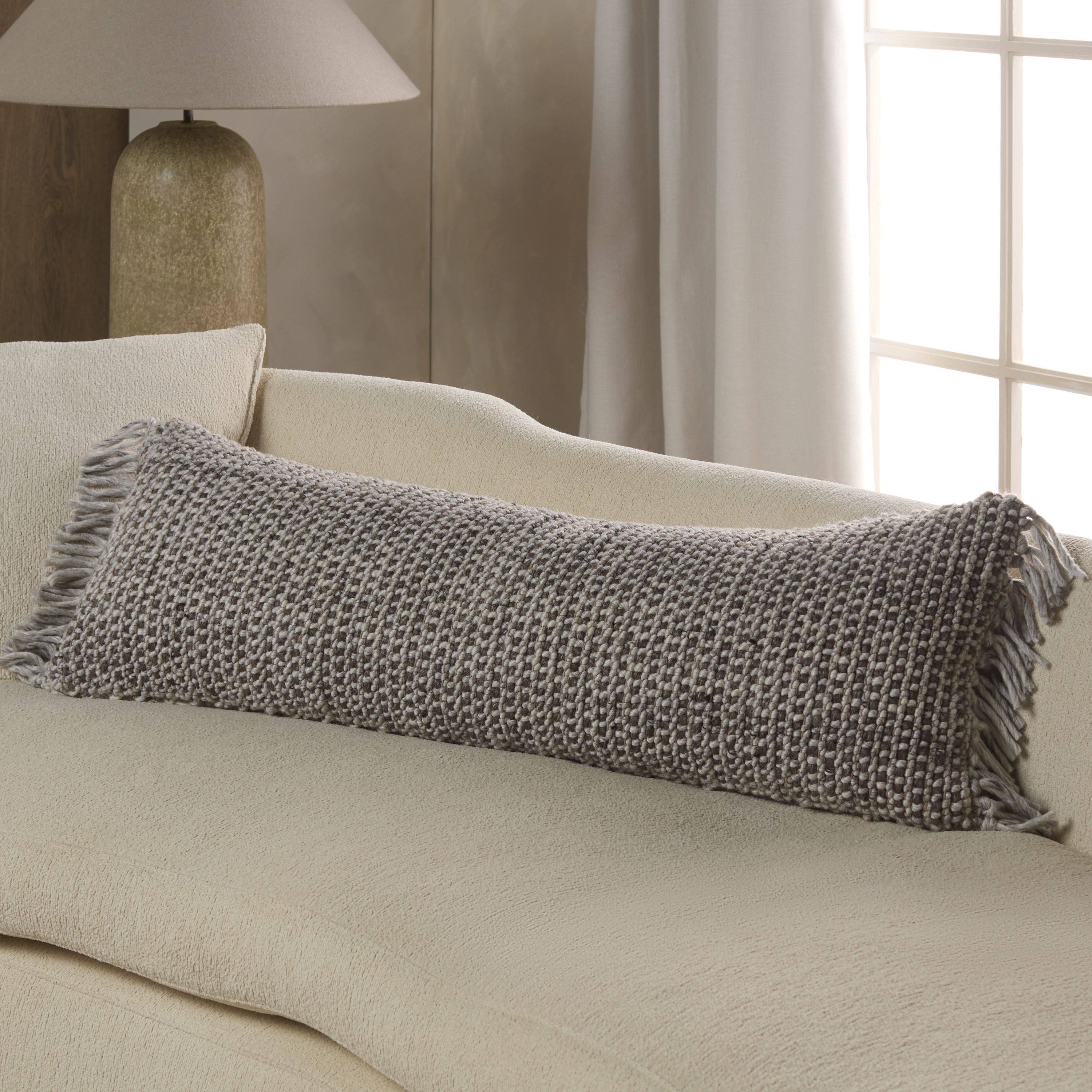 Mellah AGO22 Handmade Solid Taupe And Gray Lumbar Pillow Cover (13"x40") - Image 3