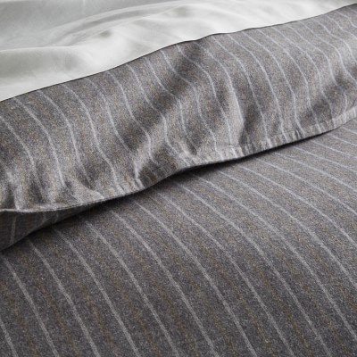 Flannel Stripe Duvet Cover &amp; Shams, King, Grey - Image 1