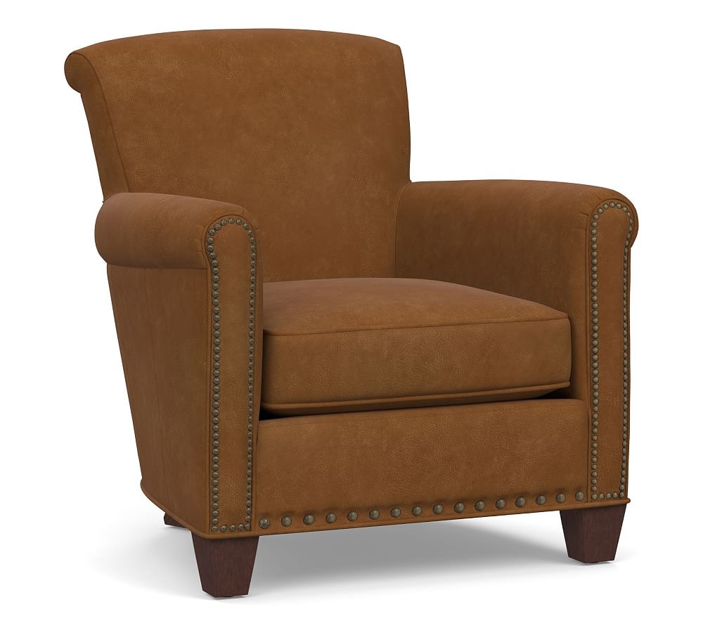 Irving Roll Arm Leather Armchair, Bronze Nailheads, Polyester Wrapped Cushions, Nubuck Caramel - Image 0