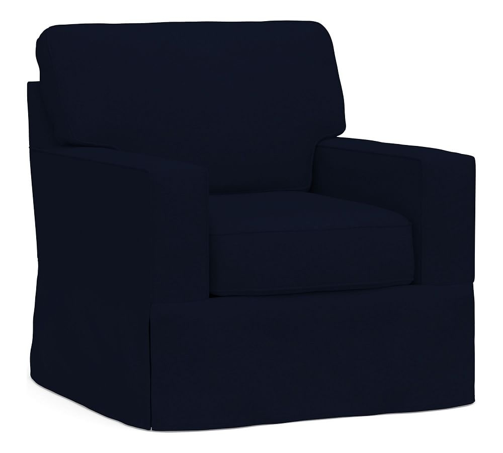 Buchanan Square Arm Slipcovered Swivel Armchair, Polyester Wrapped Cushions, Performance Everydaylinen(TM) Navy - Image 0
