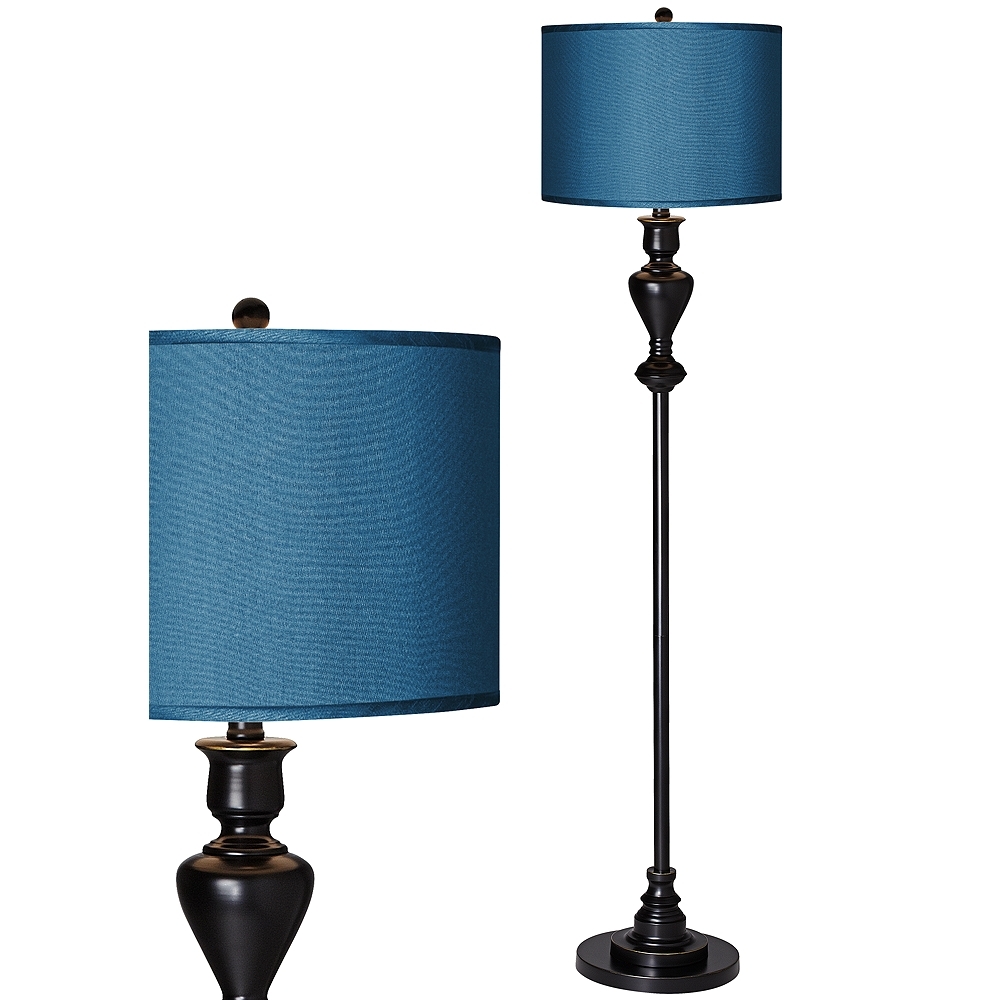Possini Euro 58" Blue Faux Silk Shade Black Bronze Font Floor Lamp - Image 0