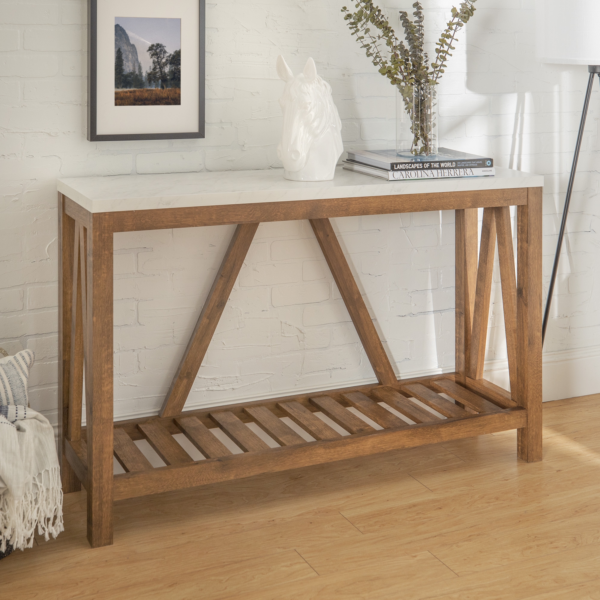 52" Rustic A Frame Entry Table - Faux White Marble/Walnut - Image 2