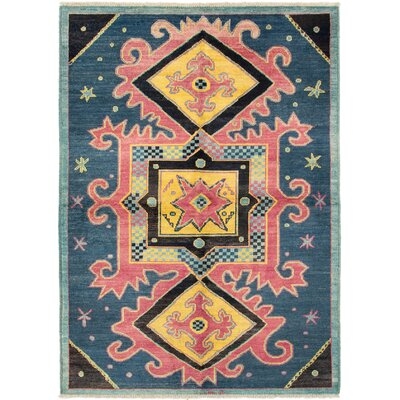One-of-a-Kind Guyer Hand-Knotted 2010s Mogul Navy/Yellow/Pink 6'3" x 8'10" Wool Area Rug - Image 0