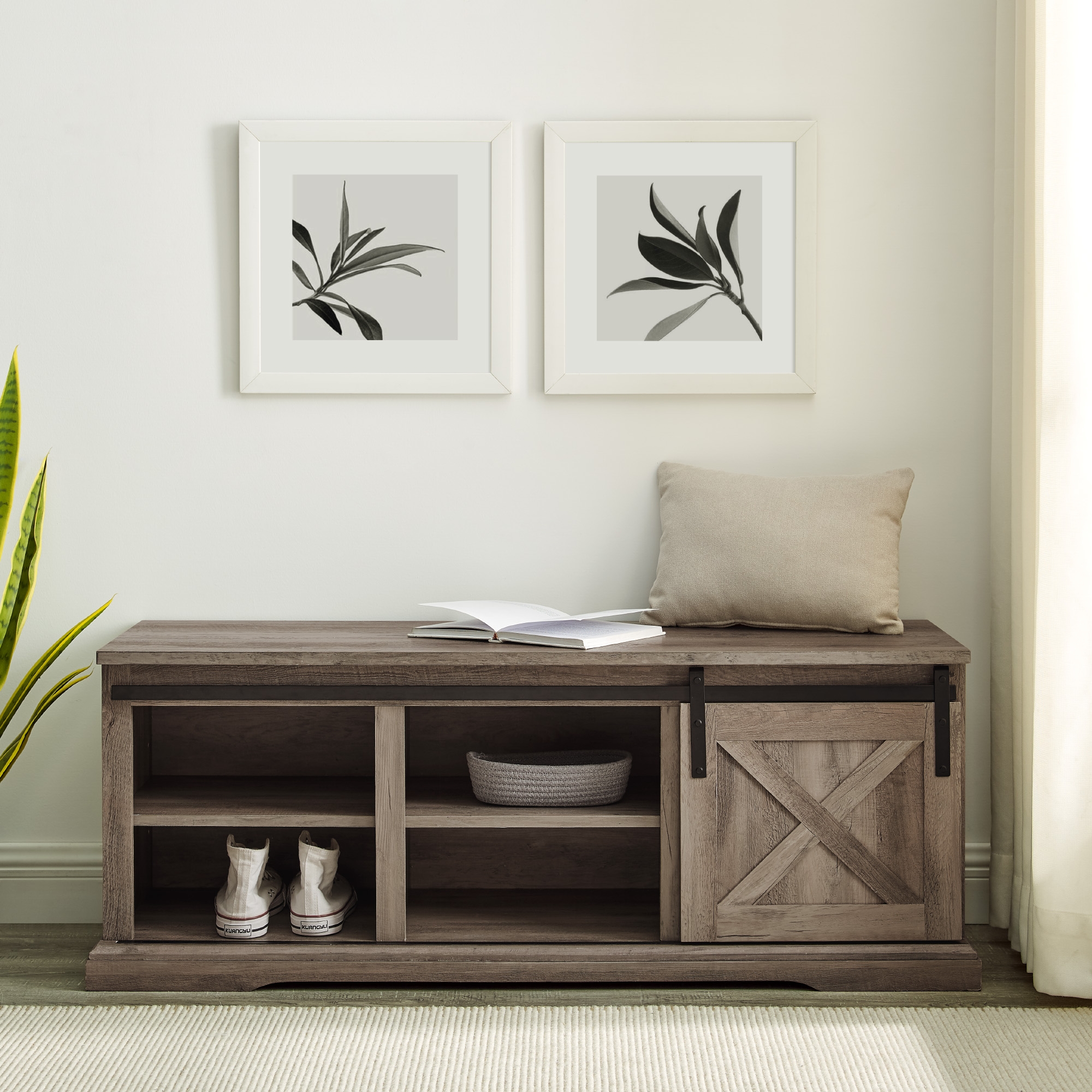 48" Sliding Barn Door Entry Bench with Storage - Grey Wash - Image 6