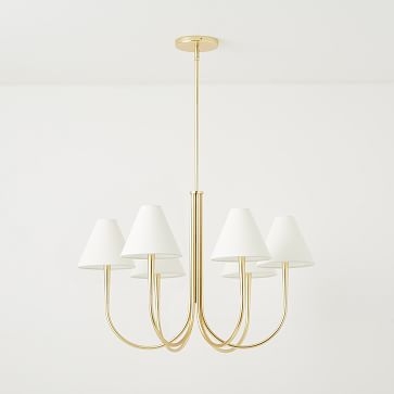 Swoop Arm Chandelier 6 Light with Shades, White, Brass - Image 0