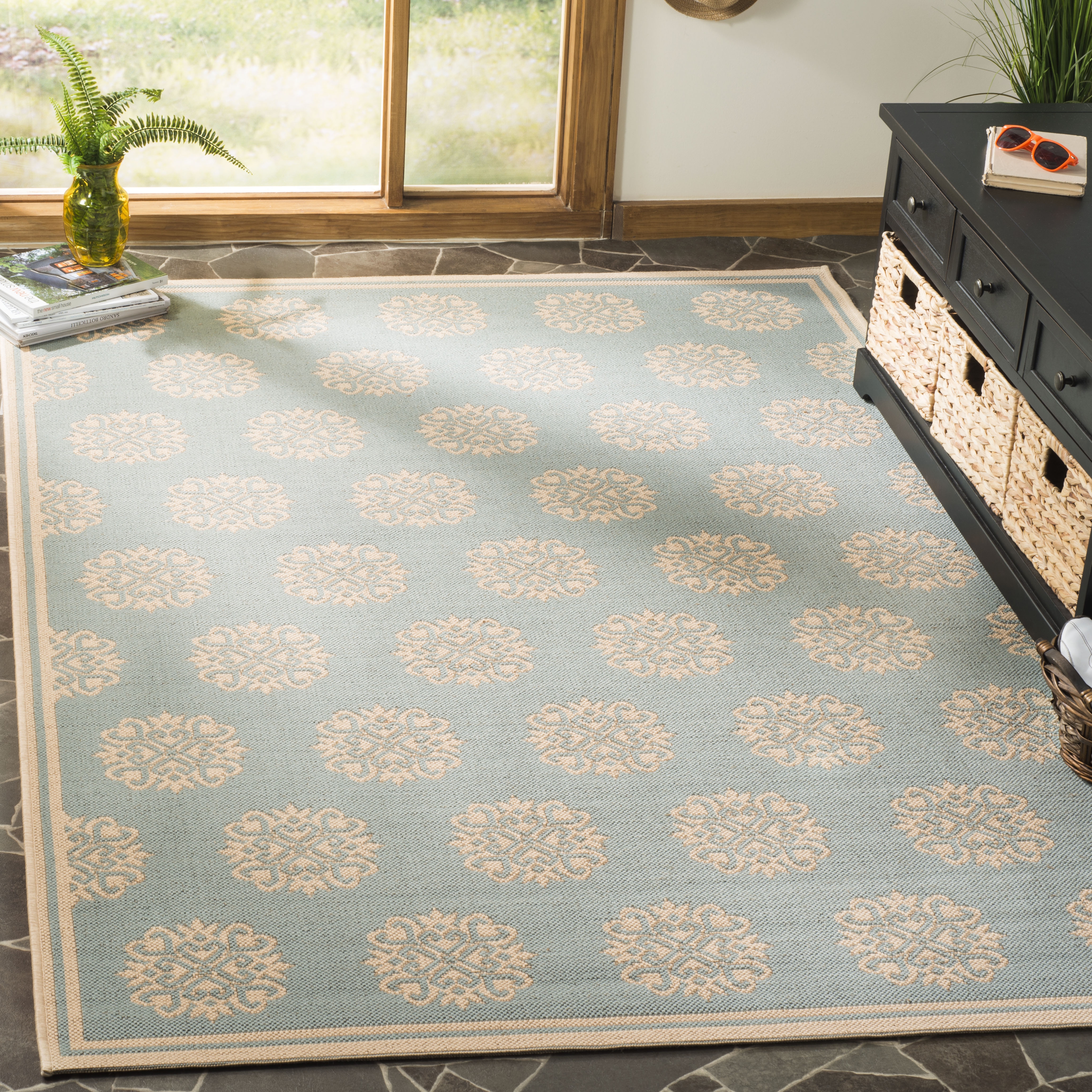 Arlo Home Indoor/Outdoor Woven Area Rug, LND181K, Aqua/Cream,  4' X 6' - Image 1