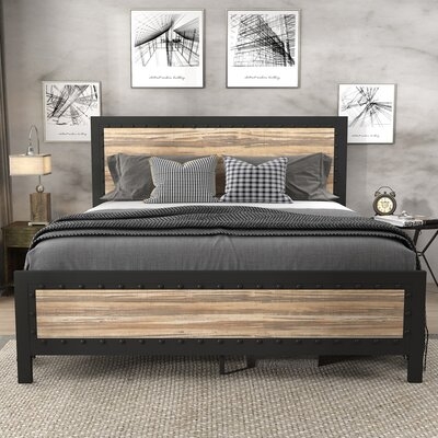 Heavy Duty Full Size Bed Frame / Metal Platform Bed With Rivet Wooden Headboard Footboard / 13 Strong Steel Slats Support / No Box Spring Needed - Image 0