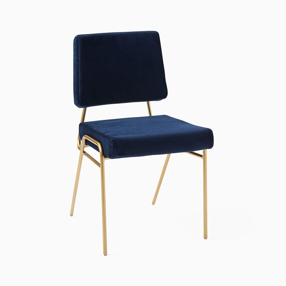 Wire Frame Upholstered Dining Chair, Performance Velvet, Ink Blue, Antique Brass - Image 0